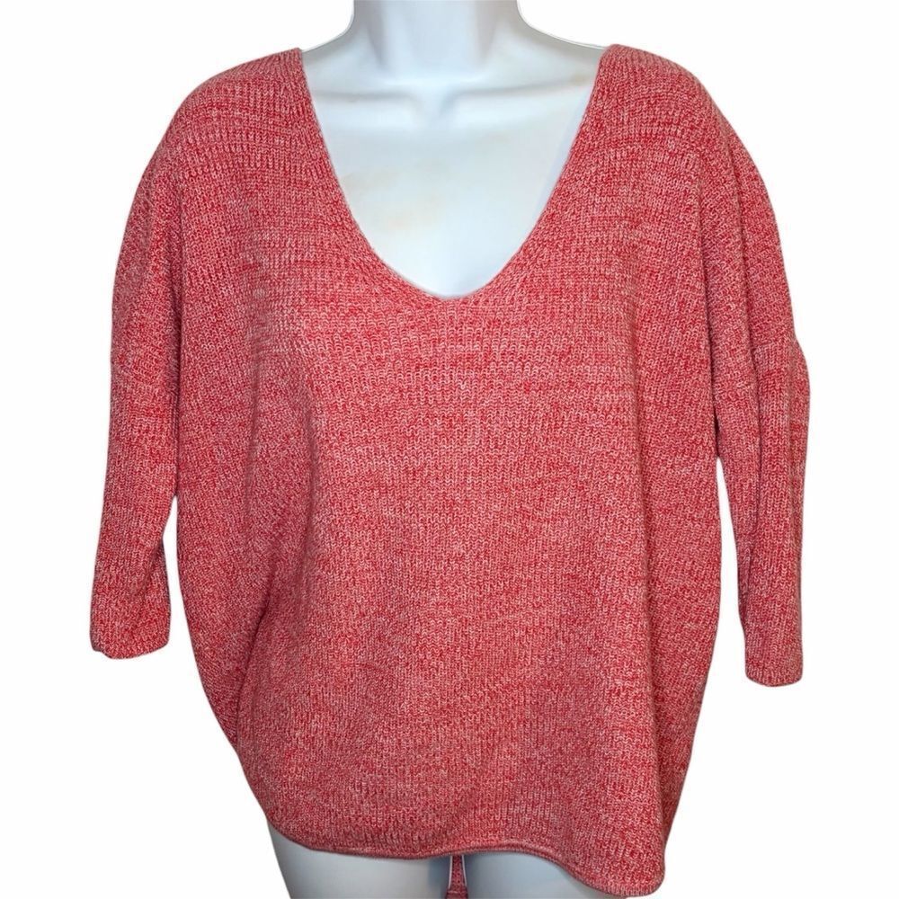 Express Red White Marled Relaxed Oversized Dolman Cotton V-Neck Sweater M